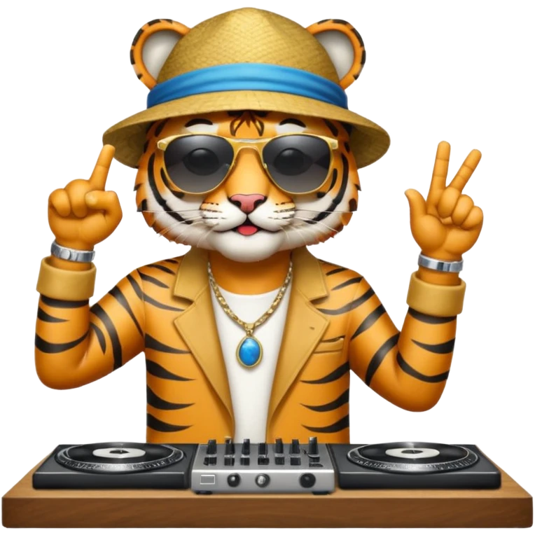 Un tigre con sombrero estilo cubano, una mesa de dj y gafas de sol. Una mano en la mesa de dj y la otra mano señalando al cielo a Dios. La otra mano encima de la mesa de dj por favor  emoji