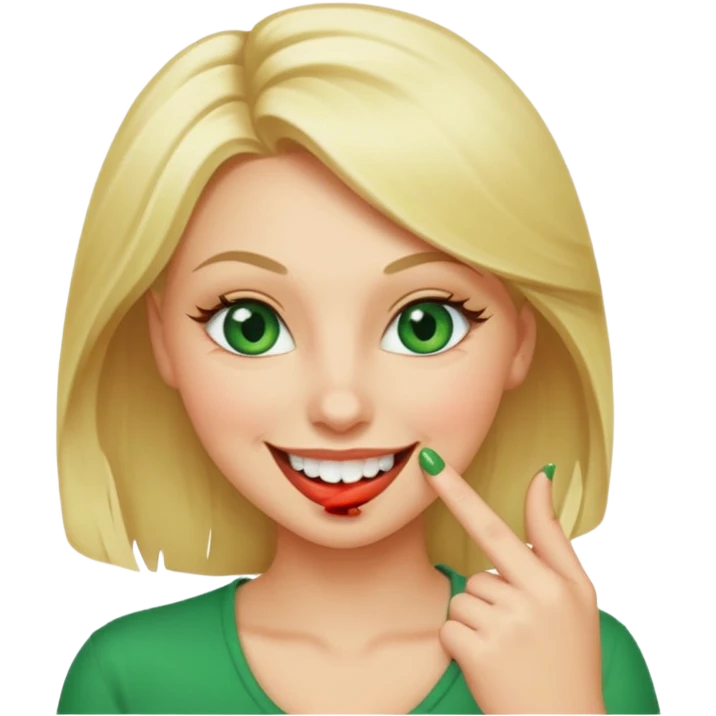 Mujer rubia con ojos verdes guapa mordiéndose un dedo con una sonrisa y guiñando un ojo  emoji