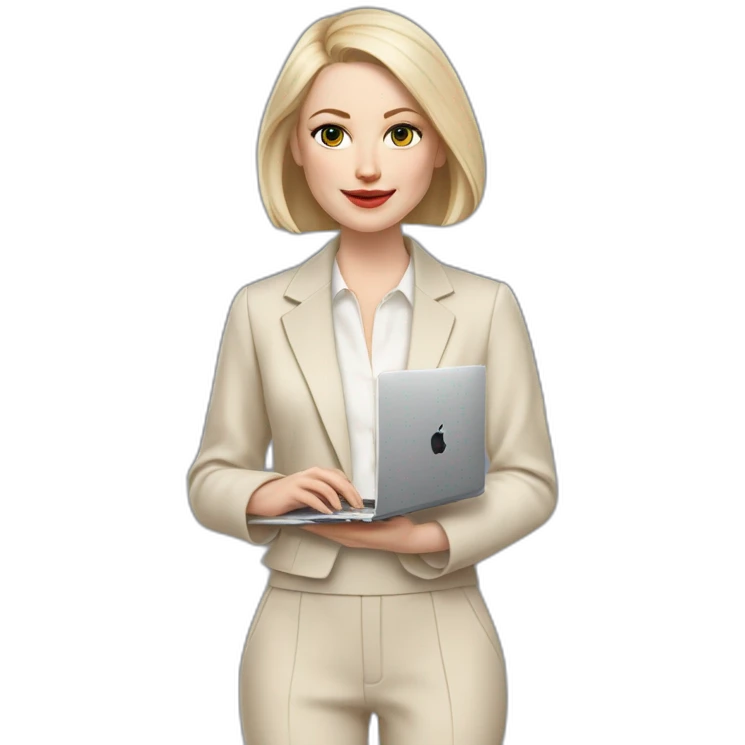 pale skin woman with ash blonde Straightened bob Hair, White Spacious classical jacket, beige palazzo Arrow pants and gray blouse holding a MacBook in the hands emoji