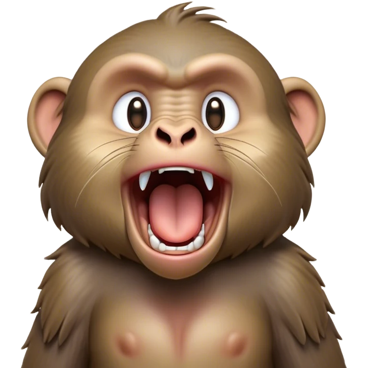Cinematic Cute Yawning Baboon Portrait Emoji, Head tilted slightly with a dramatic, wide-open yawn, showcasing a soft, textured Fur of earthy browns with droopy ears, round eyes barely open in drowsy contentment, Simplified yet irresistibly adorable features, highly detailed, glowing with a soft, cozy glow, high shine, relaxed yet expressive, stylized with a touch of playful urban charm, bright and endearing, soft glowing outline, capturing the essence of a sleepy yet affectionate baboon, so drowsy it feels like it could stretch out of the screen and curl up for a nap! emoji