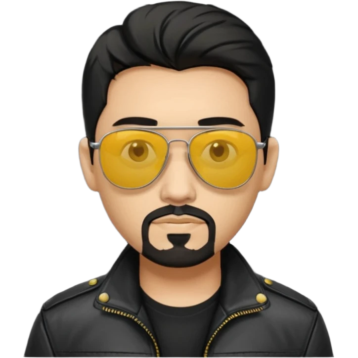A man with middle part haircut black hair sunglasses with yellowish glasses And black jacket. Goatee short black beard emoji
