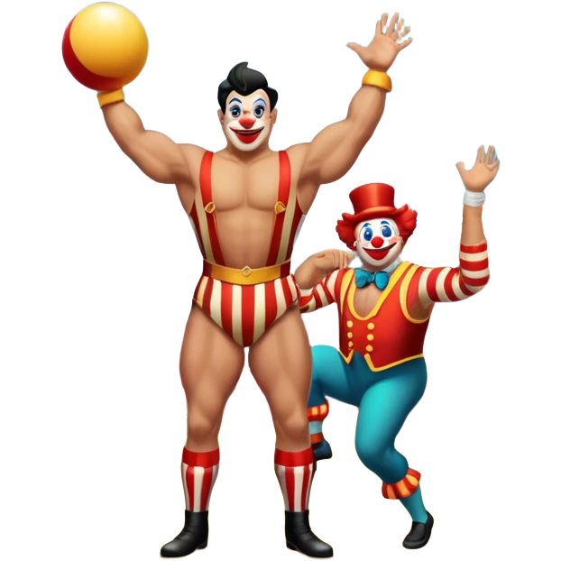 Icon for Circus Arts: a grand vibrant round circus arena with a strongman in a striped costume,  juggler and a clown performing. The icon should convey the excitement and fun of circus performances, with focus on the performers and the colorful setting. Transparent background. emoji