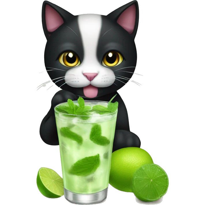 A cute black cat, whith a white nose,  dinking a "mojito" whith a glass emoji