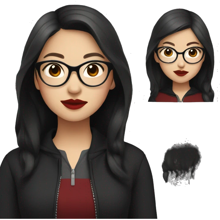 Asian girl in glasses and dark zip up sweater with dark long hair and red lipstick  emoji