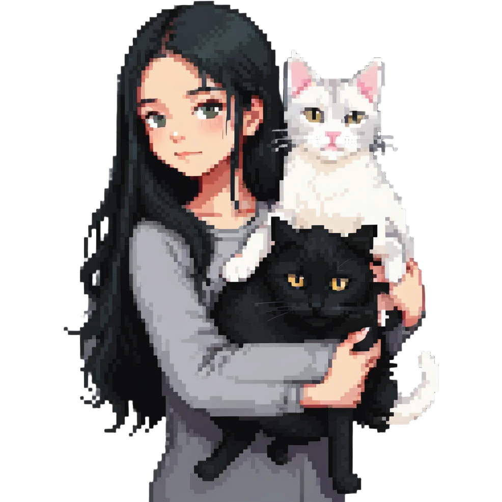 Beautiful girl with long black hair hugs a gray and blond mixed breed cat emoji