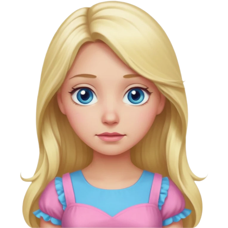 Create an image of a blonde with long hair and blue swamp eyes wearing a pink pastel dress, thoughtful expression. The style should match the apple emoji style as shown in the reference image. emoji