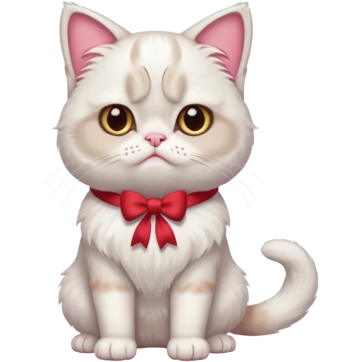A White grumpy cat with light pink ears and paws and with a bow around its neck. The cat shall be standing on two legs emoji