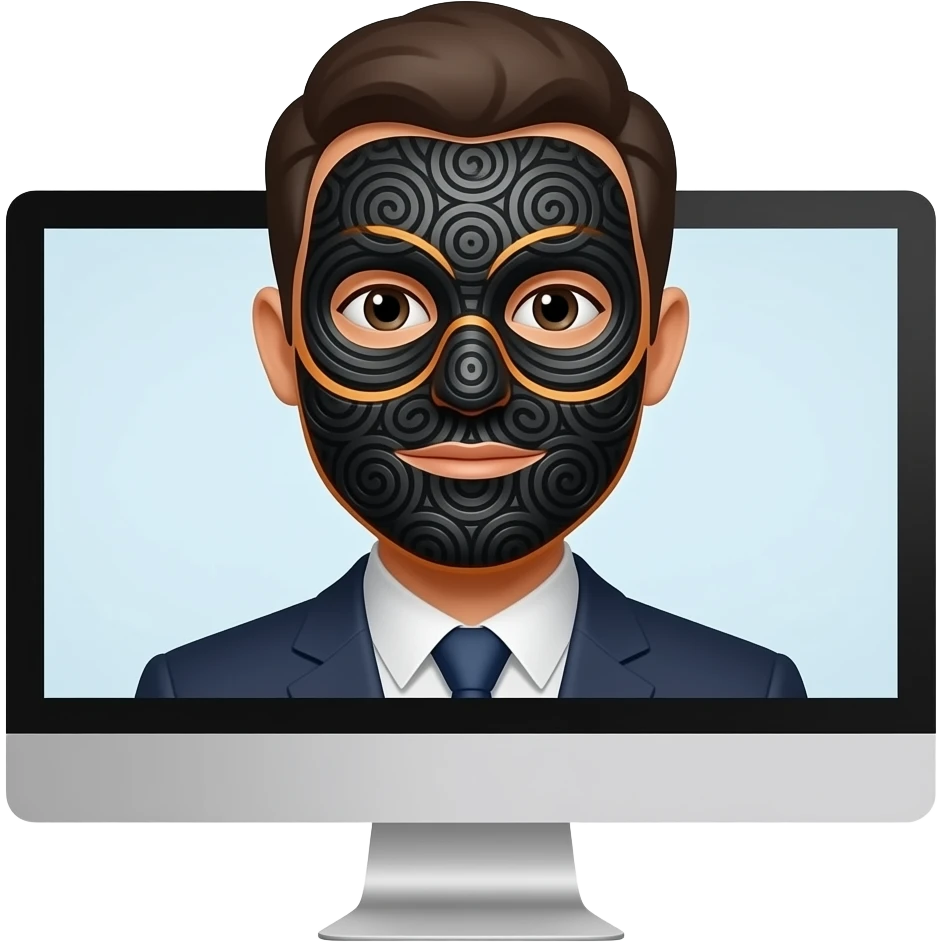 a man with a mask made of black spirals and oranges behind a computer emoji