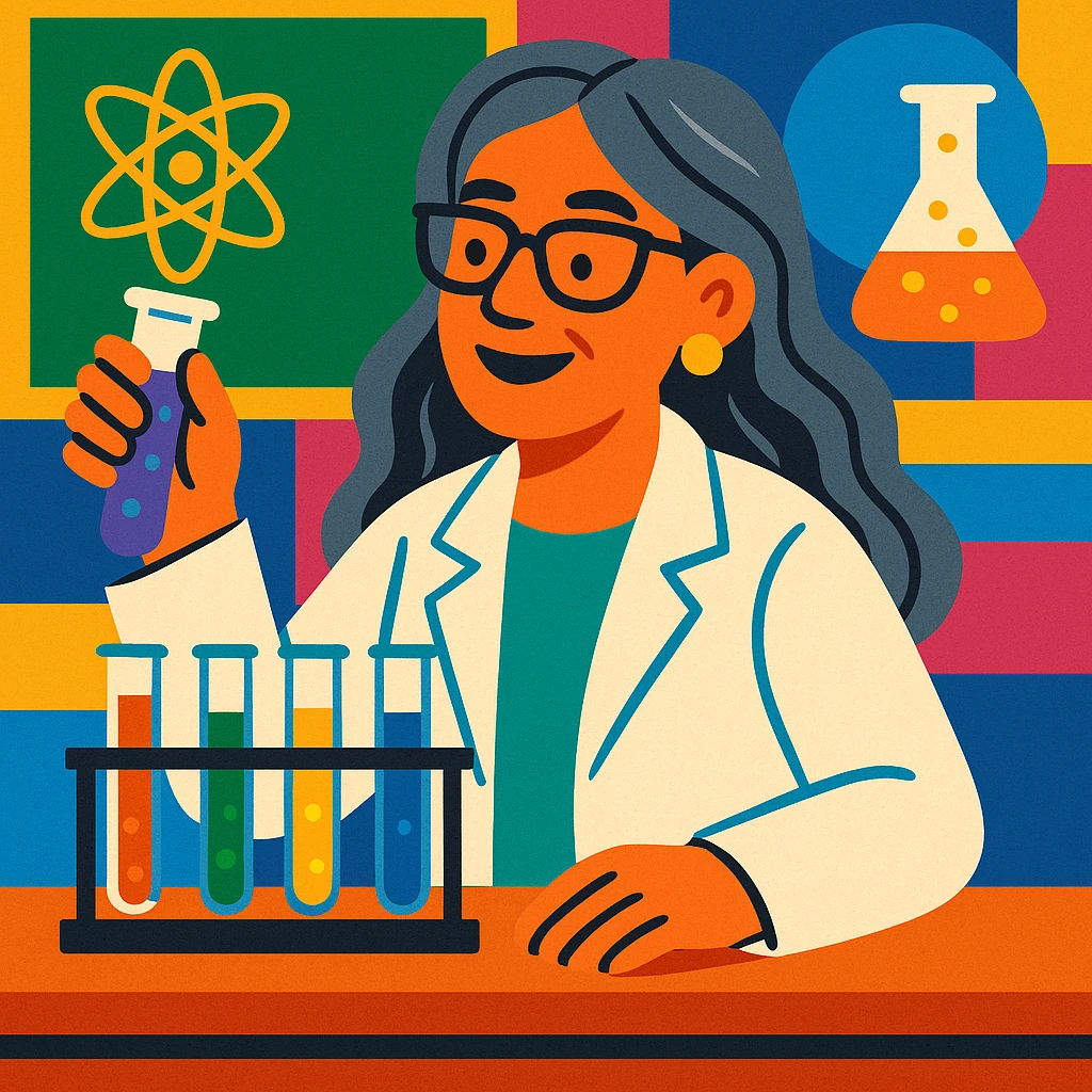 woman science teacher with long graying hair, at a lab table with test tubes, in vibrant toon style emoji