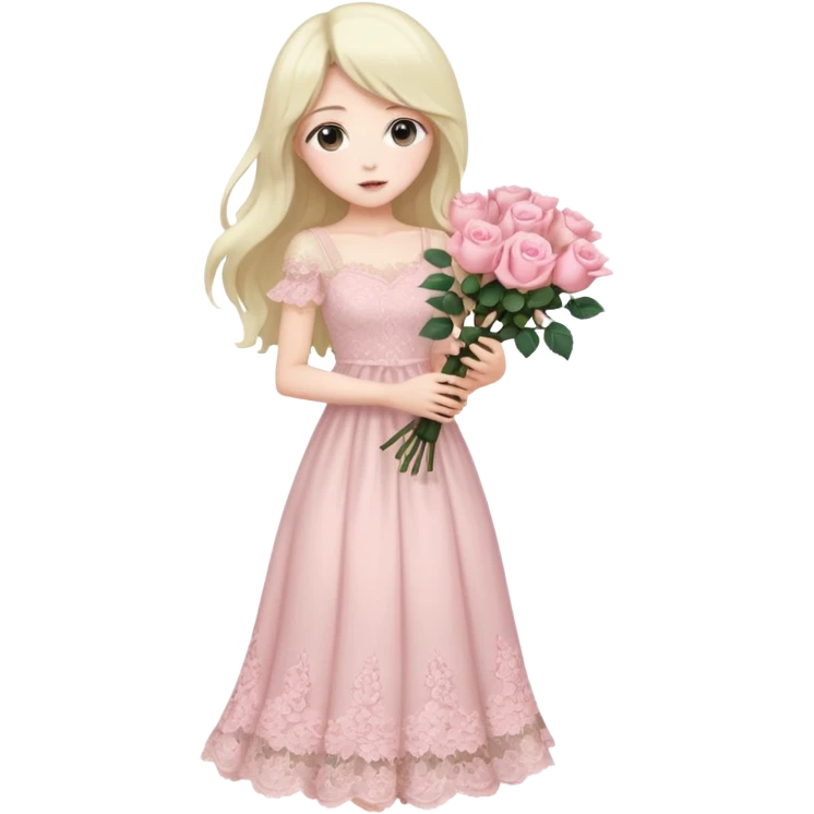 pastel anime woman with long hair pink roses lace dress full body emoji