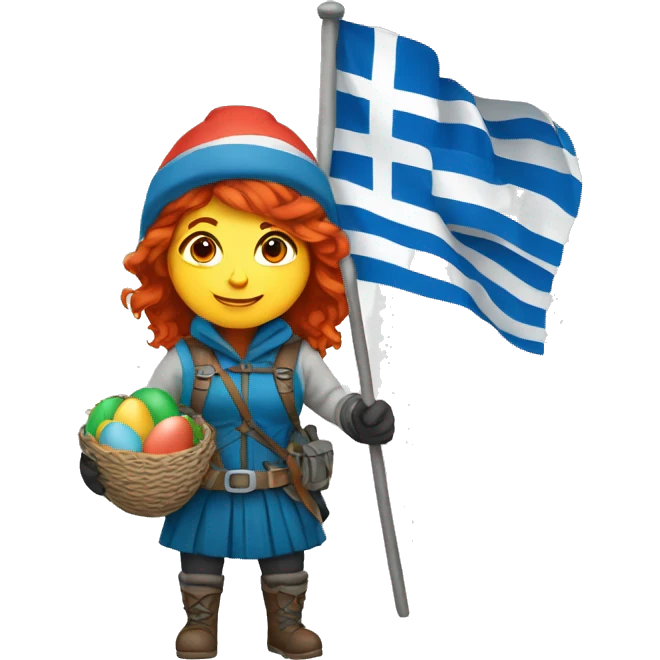female winter mountaineer red hair holding greek flag and easter egg emoji
