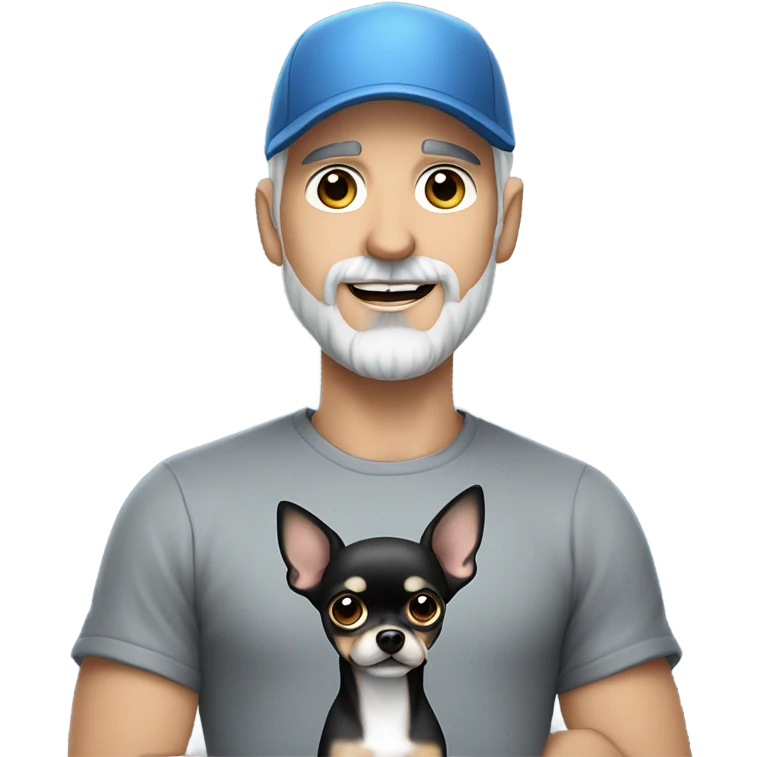 Handsome blue eyed man, with grey hair,  and grey goatee beard, wearing ball cap, holding a black long hair chihuahua  emoji