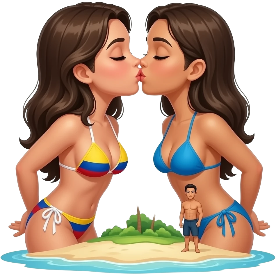 on tropical island Two lesbian colombian bikini women kissing and 1 man on a deserted island emoji