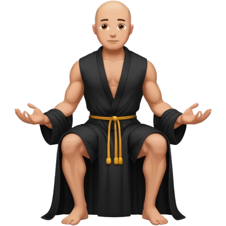 fullbody jacked bald guy, sleeveless black robe sitting hands down emoji
