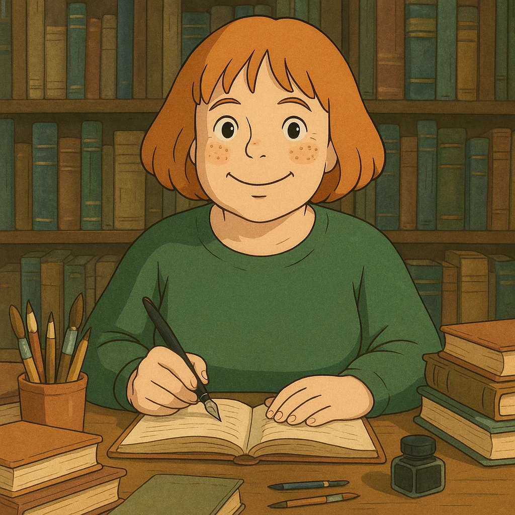 light-skinned female author in her forties, strawberry blonde hair in a page cut, round face, freckles, smiling, surrounded by books and art supplies emoji