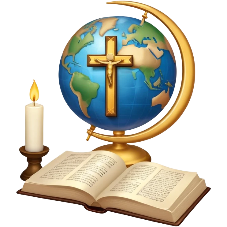 An icon featuring a holy book, a candle, and a cross, symbolizing religious studies. The design includes a globe with various religious symbols like a crescent moon and a star, representing the diversity of beliefs. Transparent background highlights the exploration of world religions emoji