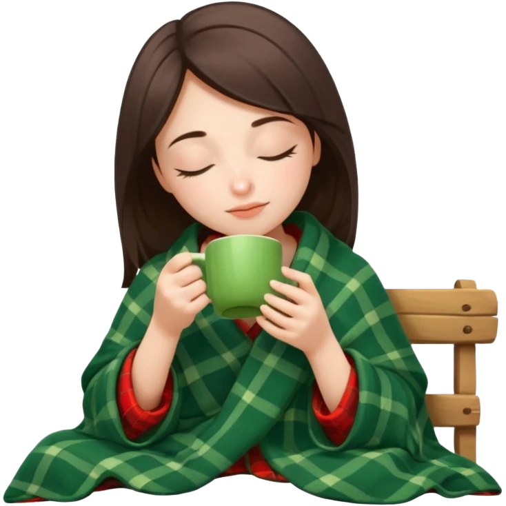 Девушка в клеточном под одеяле  сидит и пьёт с закрытыми глазами зеленый ароматный чай  emoji