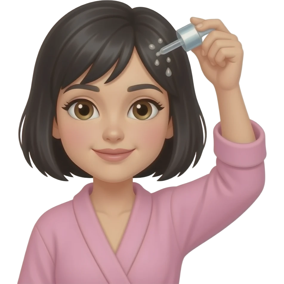 White girl taking care of her black short hair by giving herself a hair tonic massage with a dropper, wearing a pink robe, iPhone emoji style emoji