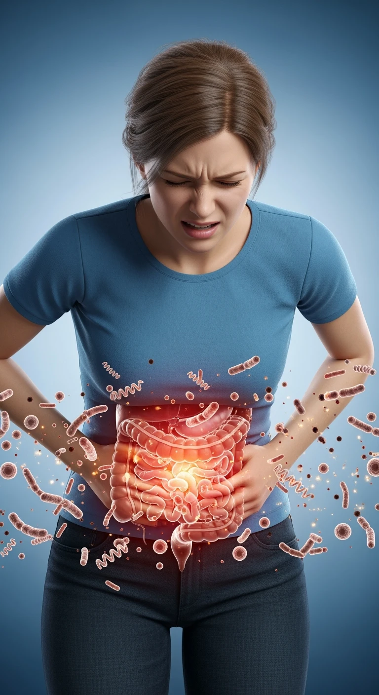 DONNA CON MAL DI PANCIA E INTESTINO UMANO ANATOMICO VISIBILE, BATTERI INTESTINALI FLUTTUANO INTORNO, IPERREALISTICO 4K emoji
