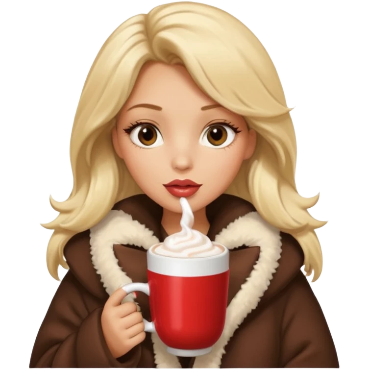 Tanned Girl with lashes , blonde hair, in an extremely big fluffy oversized coat and hold hot chocolate drink and vertically short eyes , big lip emoji
