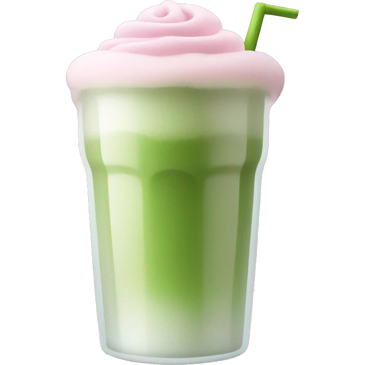 Clear long cup, no handle, with light pink drink, matcha foam emoji