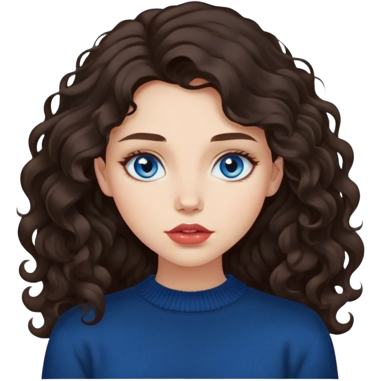 girl with long, lush, slightly curly dark brown hair, big lips and blue eyes, black sweater emoji