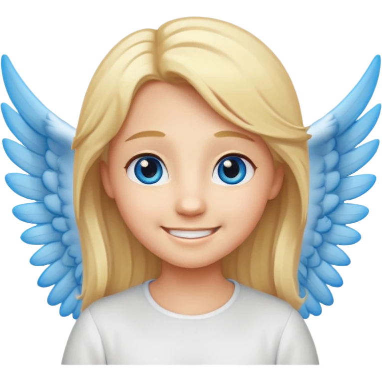 angel emoji blonde hair, blue eyes and smiling, larger wings with darker outline on them and bigger smile and more smiley eyes emoji