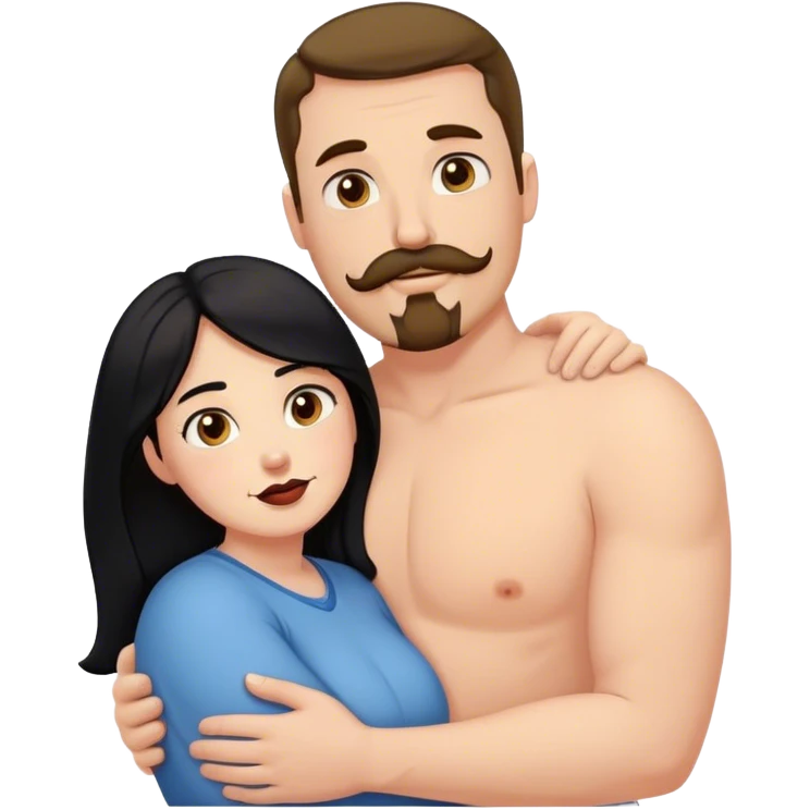 Couple, Tall strong white man with brown mustache goatee hugging a chubby short pale woman with long black hair emoji
