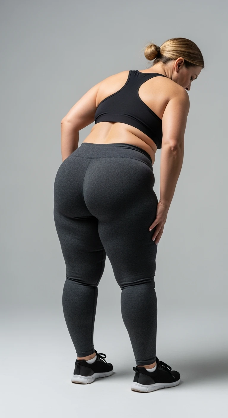 DONNA FITNESS DI SPALLE E LEGGERMENTE PIEGATA IN AVANTI A FIGURA INTERA CON COSCE GRASSE E CELLULITE, IPERREALISTICA 4K emoji