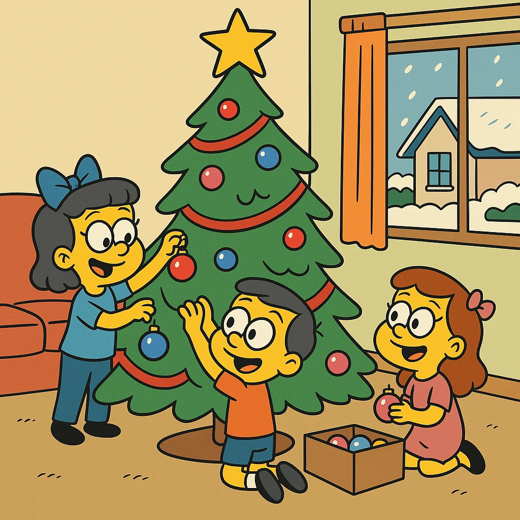 little children decorating a Christmas tree in the living room emoji
