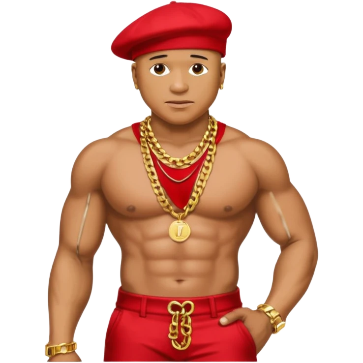 LL Cool J with shirtless with necklace, metallic red pants emoji