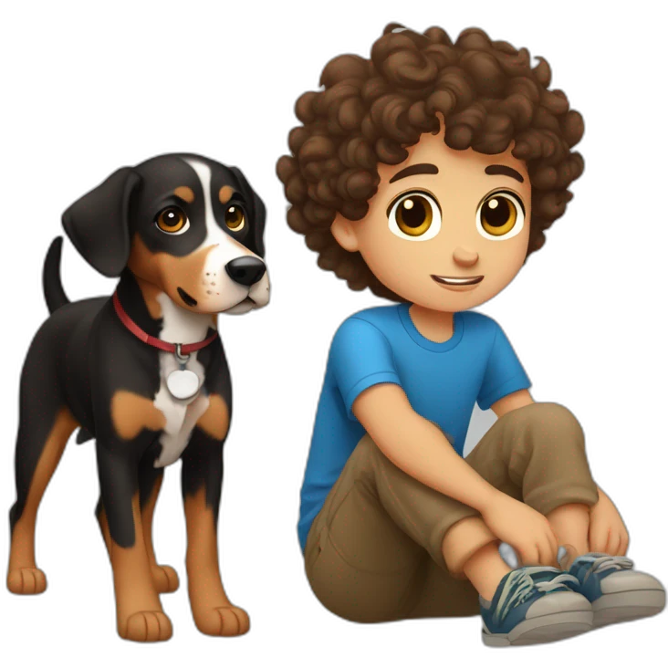Russian Boy with curly brown hair with dog Entlebucher zennenhund emoji