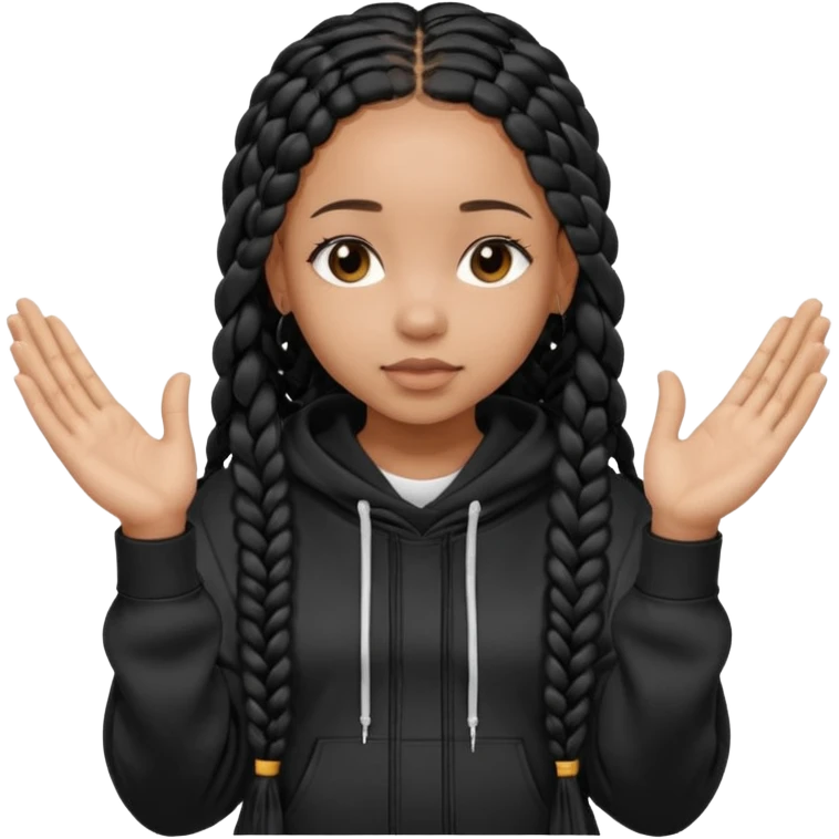 African American girl light skin with long black box braids and plain black hoodie with prayer hands emoji