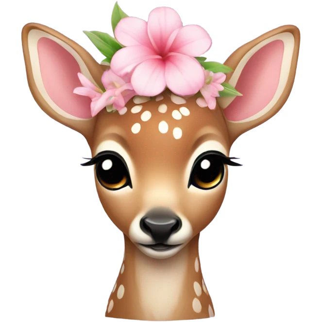 A sweet baby deer with a light pink tropical flower on her head  emoji