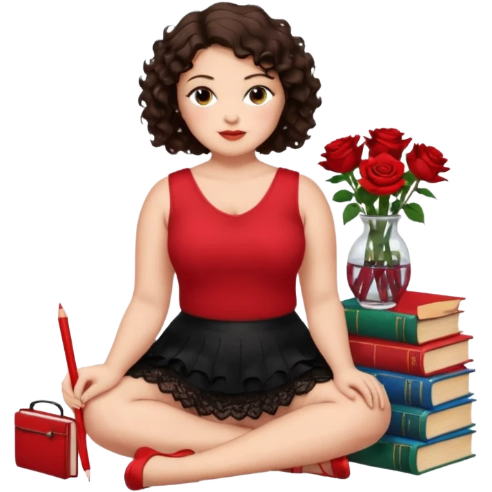 A plus-size brunette woman with short, dark brown curly hair is wearing a red sleeveless shirt and a black lace ruffled skirt. She is sitting on the floor with her legs crossed, holding a crayon in one hand. On the floor are five stacked colorful books and a glass vase with red roses. emoji