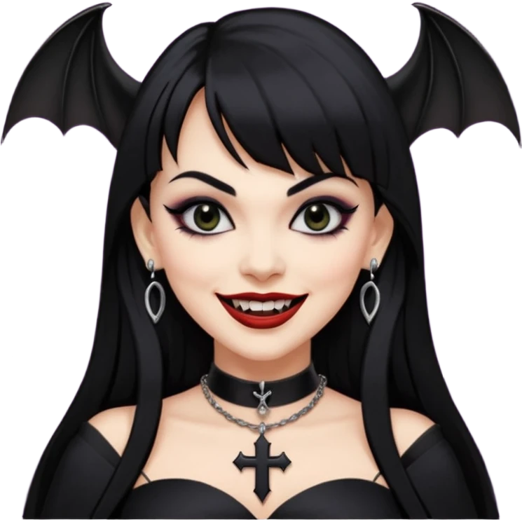 vampira com cabelo preto longo e liso e franja, olhos pretos, brincos em formato de cruz, choker em formato de morcego, roupa preta com decote, batom preto e sorrindo mostrando as presas emoji