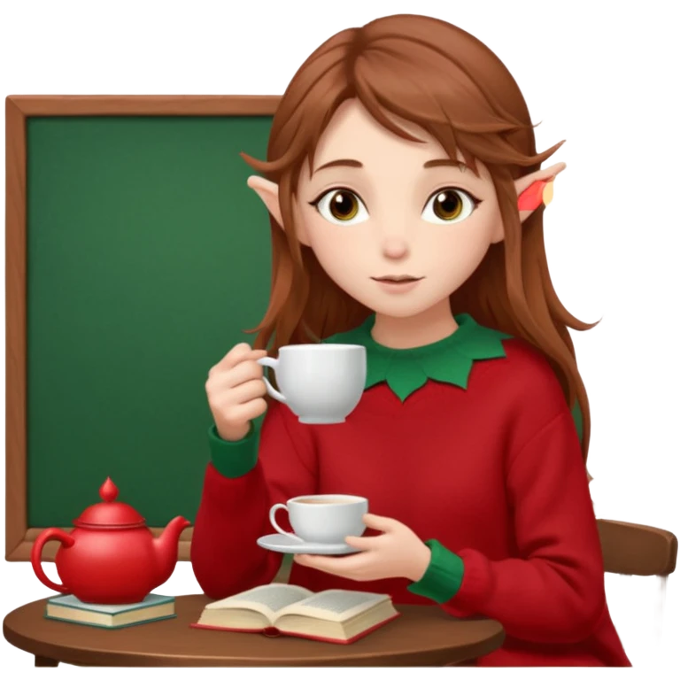 A delicate, elf-like girl with windswept chestnut hair, wearing an oversized sweater in signature black and red. sipping tea with a stack of books beside her emoji