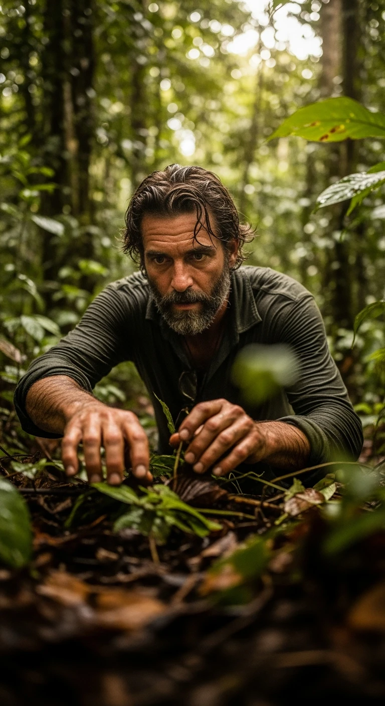 cinematic still, documentary photography, amazon jungle, well lit scene, man is exploring the jungle, close up, front shot emoji