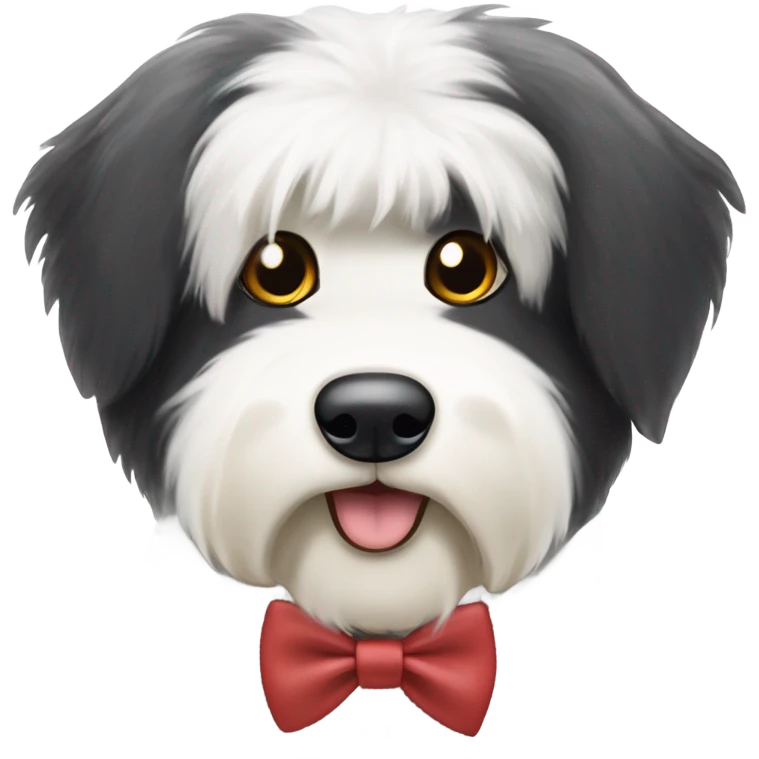 Half black half white old English sheepdog wearing a bow tie  emoji