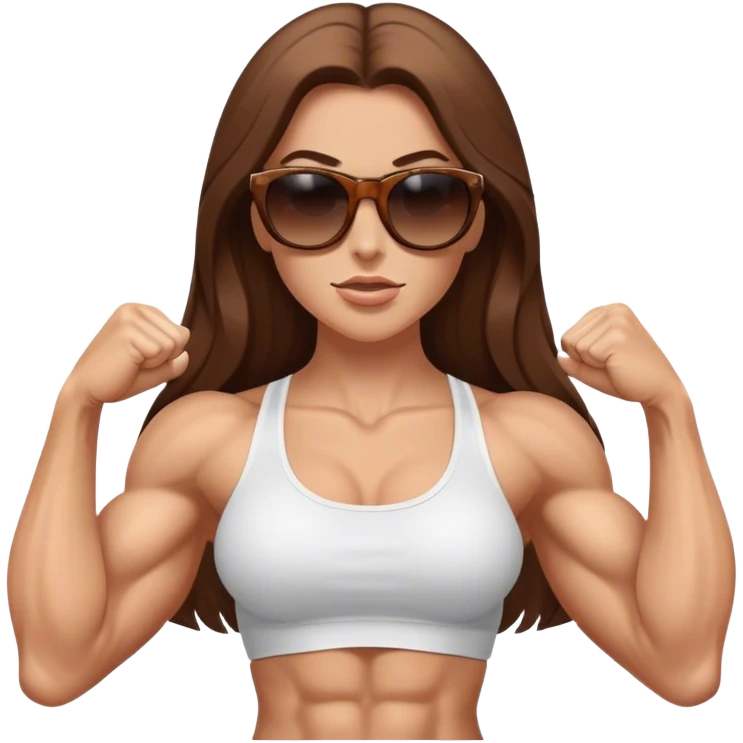 long brown hair white girl super muscular posing with biceps muscles showing and wearing sunglasses emoji