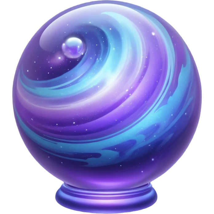 A glass sphere filled with swirling purple and blue dust, glowing softly, 3D. Use muted, calm purples and blues instead of bright neon tones, to create a harmonious and elegant look. emoji