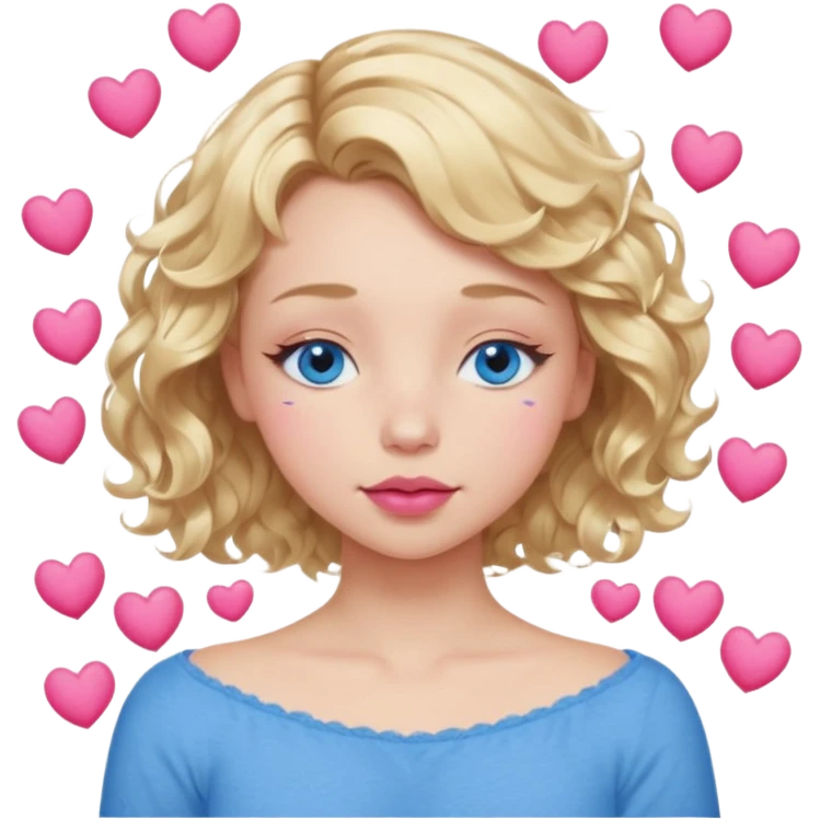 Girl Blonde short wavy hair,  blue eyes, cute blue top, long lashes, pink lips, sleeping eyes closed, hearts floating  emoji