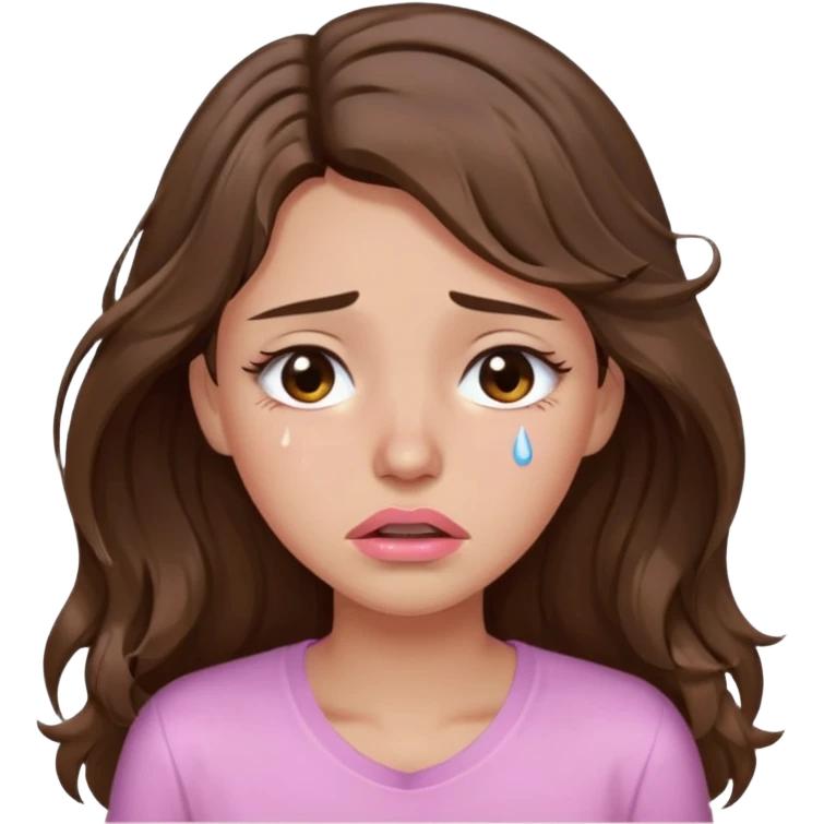 girl with wavy long brown hair, brown eyes, light to medium complexion, long lashes, light pink lipstick, wearing light pink shirt, weeping lots of big tears emoji