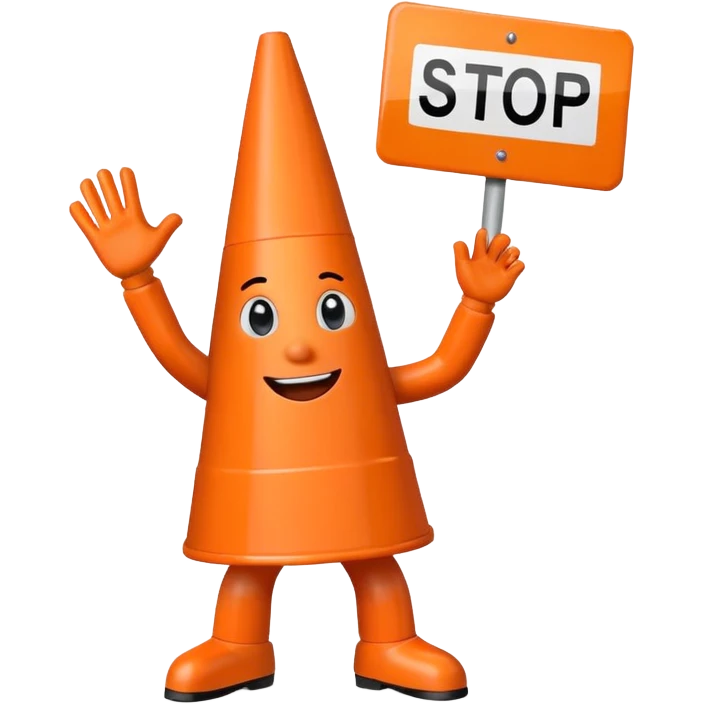 orange traffic cone with three legs dancing with sign in his hand saying “stop ai” emoji