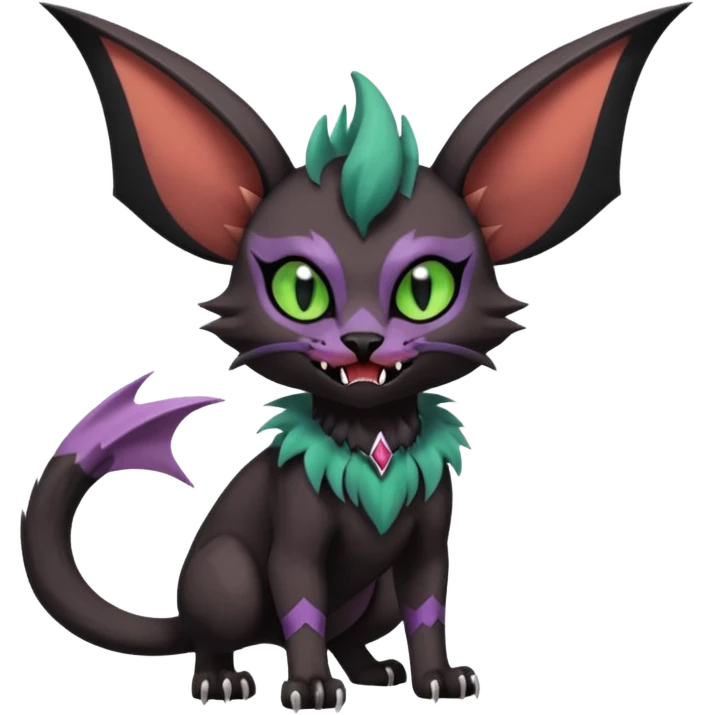 Black edgy Noivern-Noibat-Purloin-Torracat-Lykoi-Caracal-cat-Fakemon-fusion-hybrid-creature with bat wings on head as ears, big fangs, gothic markings emoji