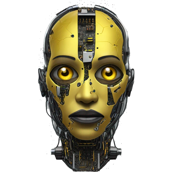 black and yellow cyborg head with circuitry, one artificial eyeball, and yellow goatee emoji