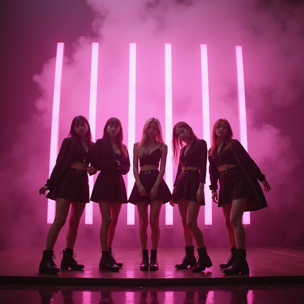 photorealistic Blackpink group photo, stage performance, pink and black lighting, energetic K-pop vibe emoji