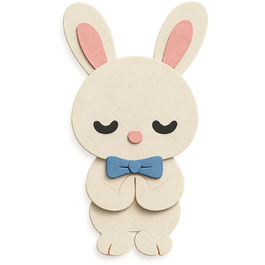 white bunny bowing politely with paws together, paper-craft style, eyes solid and clear emoji