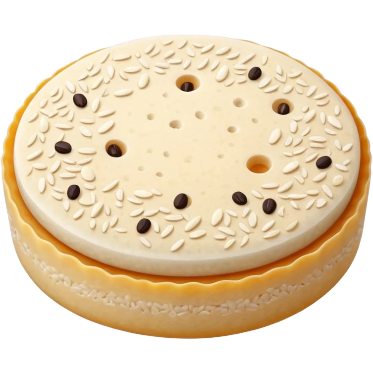 single round rice cake with light puffed texture, pale off-white color, speckled with tiny grains and air pockets, slightly uneven matte surface, crisp edges, delicate crunchy appearance, no packaging, no toppings, no extras, soft lighting, subtle shadows, emoji scale emoji