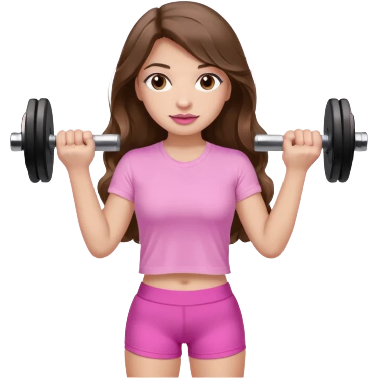 girl with wavy long brown hair, brown eyes, light to medium complexion, long lashes, light pink lipstick, wearing light pink shirt, lifting a pink dumbbells in a shorts top emoji